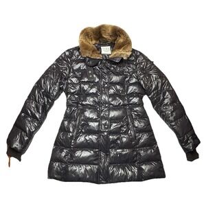 S13 New York Down Puffer Coat Faux Fur Hood Belted Black Long Winter Jacket